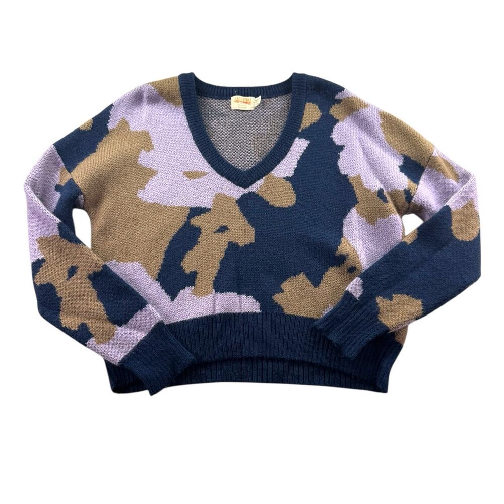 Nation LTD Bijou Jacquard Boxy Sweater XS Blue Camo Baby Alpaca Blend V-Neck
